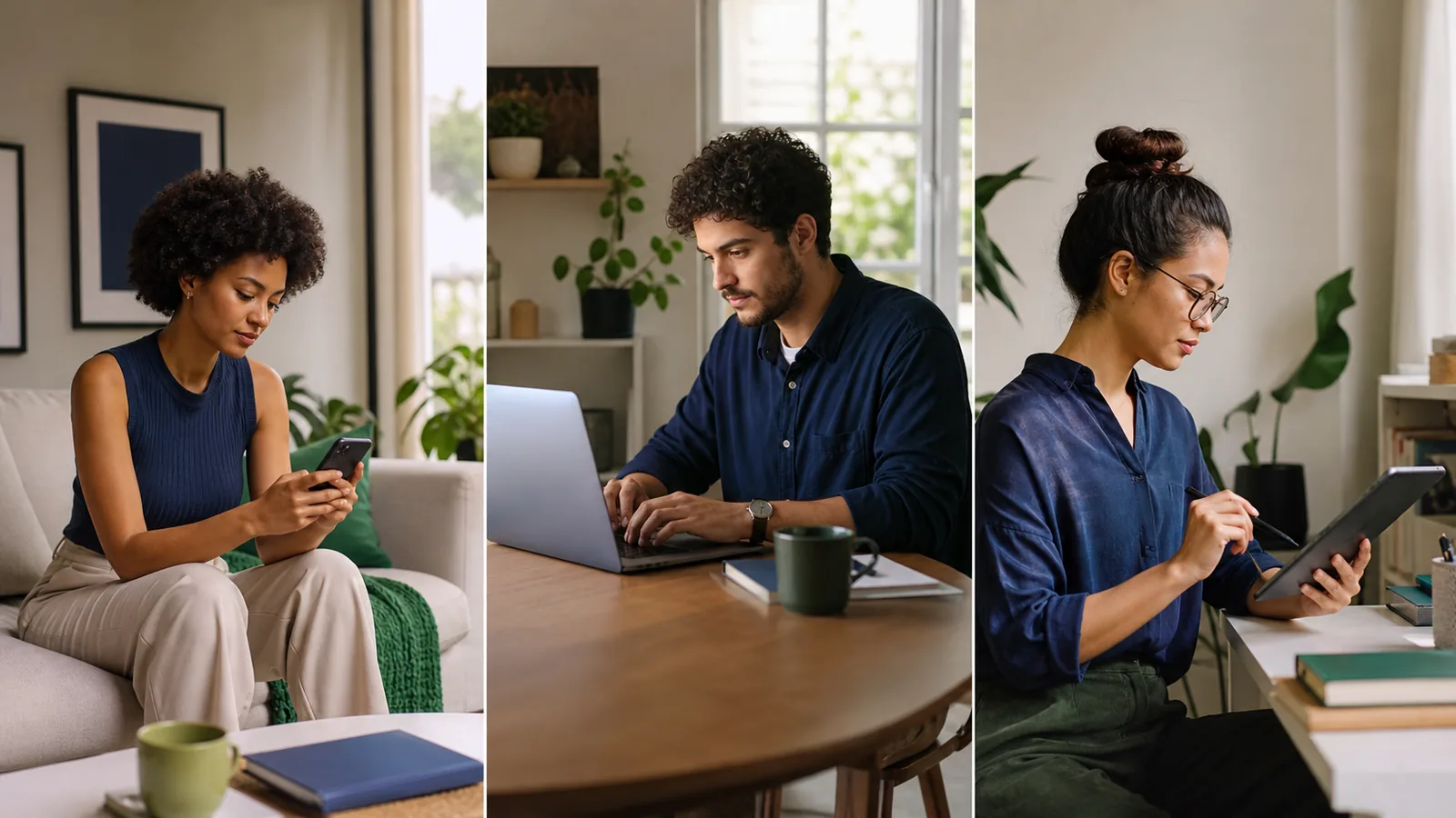 Três pessoas utilizando o serviço em dispositivos diferentes
