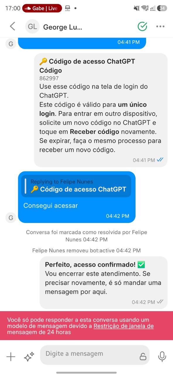 Cliente da Rocket confirma pelo WhatsApp: “Consegui acessar”