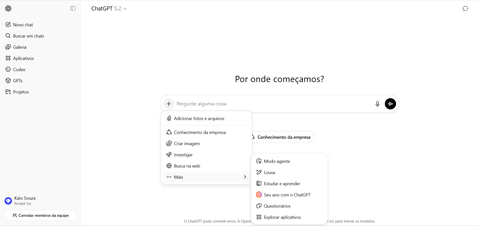 Interface do ChatGPT mostrando recursos em uso: criar imagem, busca na web, modo agente, lousa e mais